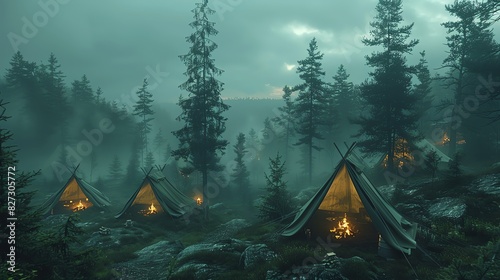 Misty forest with glowing campfires and tents.