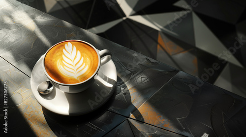 Artistic cappuccino with latte art illuminated by a beam of light in a modern architectural setting