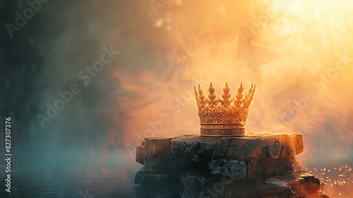 A shining crown in the mist, Generative AI、霧の中にある光り輝く王冠、Generative AI