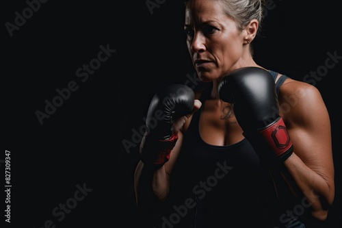 Middle age mature lady looking bad in boxe defence posture pose. Concept of woman athlete training hard. Empowerment and sport activity for female people in dark black background copy space
