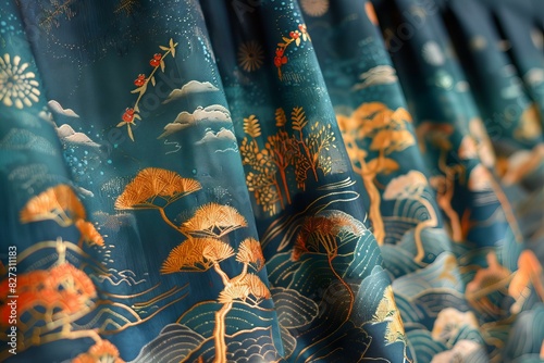 Blue and gold Chinese style fabric with pine trees and clouds pattern