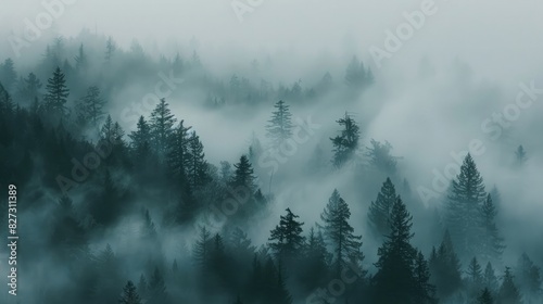 Dense fog over tranquil, misty forest. Trees loom like giants.