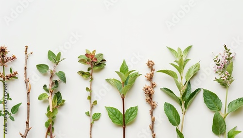 Herbal Collection of Ashwagandha, Rhodiola, and Holy Basil on White Background with Copy Space