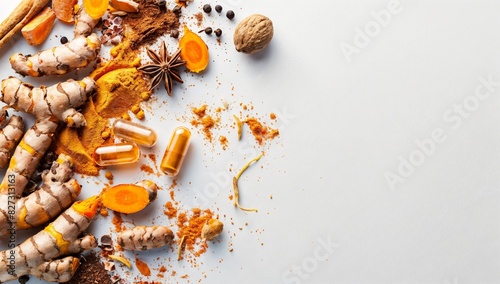 Turmeric Root and Spices Grouping for Anti-Inflammatory Supplement on White Background with Copy Space