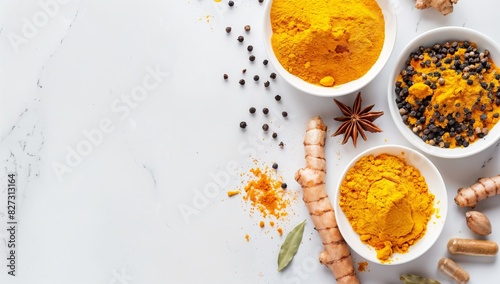 Vibrant Turmeric Root and Spice Assortment for Anti-Inflammatory Supplement on White Background with Copy Space