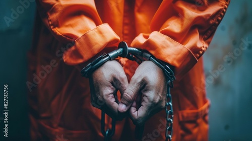 A man in orange jumpsuit is being held by handcuffs