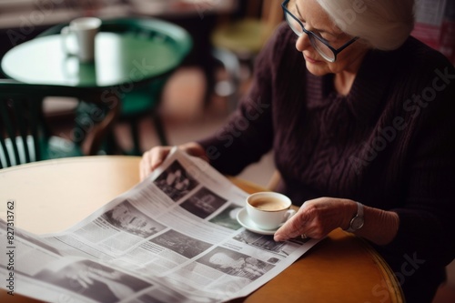 unrecognizable senior woman reading newspaper and having coffee indoors in café