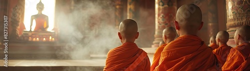 Buddhist Chanting Focus on a group of monks chanting with a temple background, empty space left for text