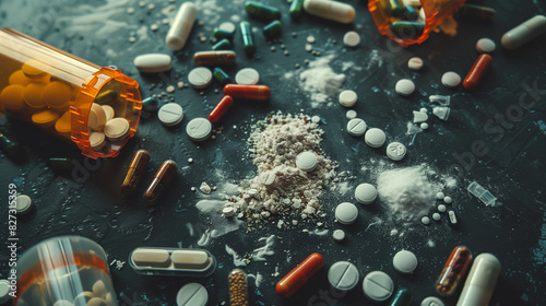 Illegal drugs concept with heroin powder and pills on dark background, top view