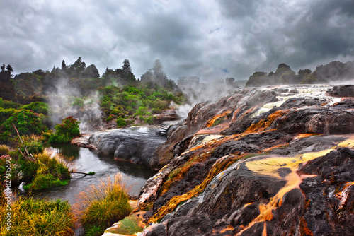 Dramatic geysers of Te Puia, Rotorua Geothermal Park, New Zealand