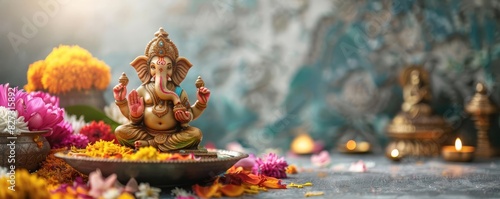 Hindu Ganesh Chaturthi Focus on a family making offerings to Lord Ganesha with a home altar background, empty space left for text