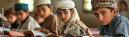 Islamic Study Focus on a group of children learning the Quran with a madrasa background, empty space right for text