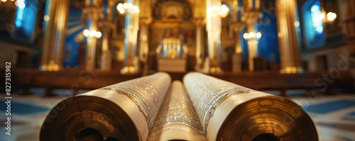Jewish Torah Scroll Focus on a Torah scroll being read in a synagogue with ornate decor background, empty space center for text