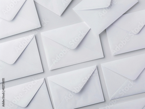 A collection of blank white envelopes organized in a sleek and tidy manner on surface.