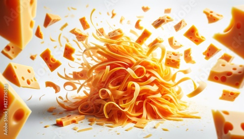 Explosion of Cheese and Pasta on White