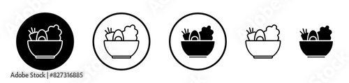 Salad icon set. Healthy vegetable and fruit salad bowl vector symbol in vegetarian plate-based diet sign style. Lettuce, carrot salad icon.