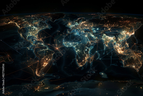 The world map in the photo, illuminated by glowing lines and dots, portrays the digital connections that span across different regions, showcasing the global digital network
