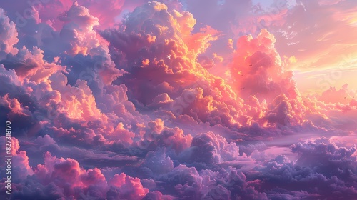 summer evening with the sky filled with soft fluffy hues of peach and lavender clouds