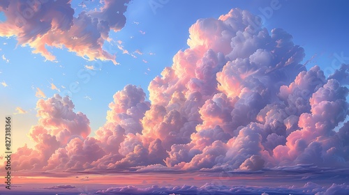 summer evening with the sky filled with soft fluffy hues of peach and lavender clouds
