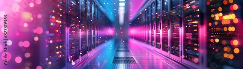 A futuristic data center with vibrant neon lights illuminating server racks on both sides. High-tech environment for data storage and processing.