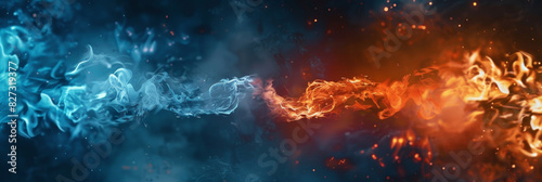 Blue and red flames colliding with particles in motion creating a dramatic and intense visual effect.banner 