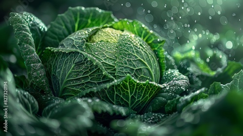 Exquisite detail of a cabbage head with sparkling water droplets in a natural green setting captures the essence of freshness and health. Generative Ai