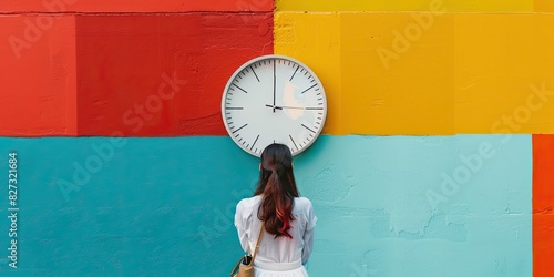 Woman Looking at Wall Clock with Colorful Background