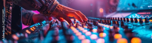 A dj is mixing music on a soundboard in a club