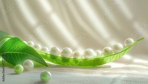 Pea pod with pearls, surreal concept, minimalist background
