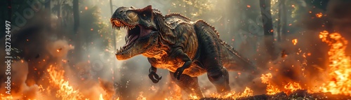 Roaring TRex charging through a fiery jungle Dramatic, intense, and prehistoric action