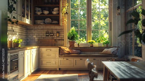 Kitchen with a breakfast nook and built-in seating, realistic interior design