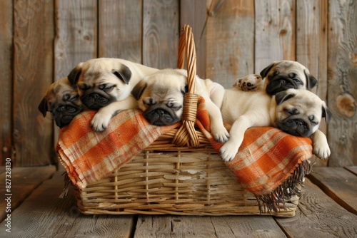 Cute pug puppies sleeping peacefully in basket, snuggled together with audible snorts and snores