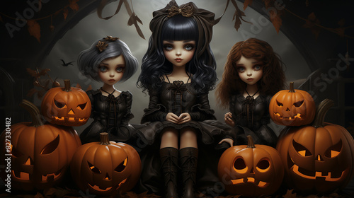 Three little sister witches who show up on Halloween, Generative AI、ハロウィンに現れる小さな三姉妹の魔女、Generative AI