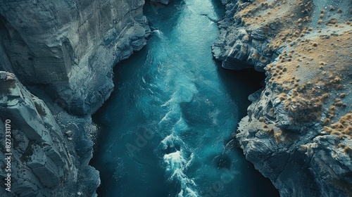 Winding river through rugged canyon. Deep, azure blue water.