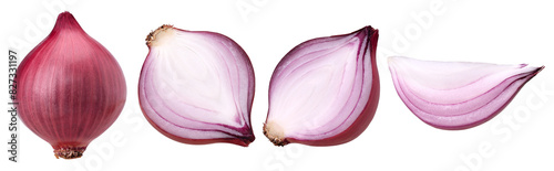 onions (shallots), slices and half isolated, Onions (shallots) macro studio photo, transparent PNG, PNG format, collection, set