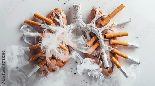 Pair of lungs with a tree-like bronchial structure, surrounded by multiple cigarettes and a cloud of smoke, emphasizing the impact of smoking on respiratory health
