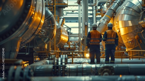 Two engineers in hard hats and safety vests inspect a complex system of pipes and machinery in an industrial setting.