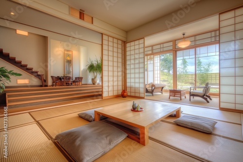 A Japanese-inspired living room with tatami mat flooring, shoji screen partitions, and low-slung furniture, fostering a sense of tranquility and harmony in the midst of modern life.