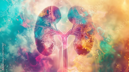 Urinary system anatomy, close up, focus on, copy space, vibrant colors, Double exposure silhouette with kidneys