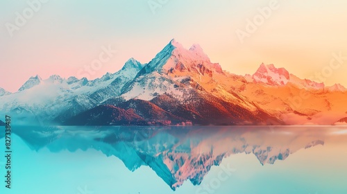 A stunning mountain range reflecting on tranquil water during a colorful sunrise or sunset, showcasing nature's beauty and serenity.