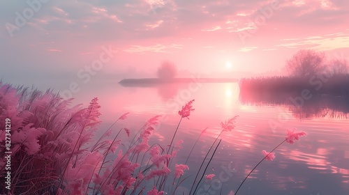 tranquil morning bylake, where the sky and water reflect soft fluffy hues of peach and lavender
