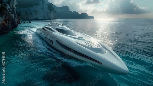 boat on the water, Luxury super speed boat with modern design on ocean with sunset