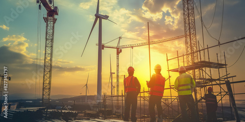 A group of construction workers in safety gear with a dramatic sunset backdrop, near wind energy turbines