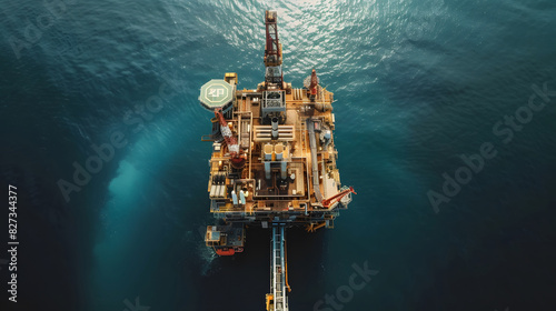 Aerial view of Offshore oil and gas rig construction station platform on the sea. extract process petroleum and natural gas at ocean beneath seabed, Industry searching for fuel and energy,