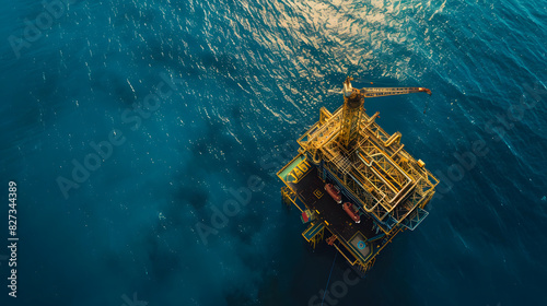 Aerial view of Offshore oil and gas rig construction station platform on the sea. extract process petroleum and natural gas at ocean beneath seabed, Industry searching for fuel and energy,