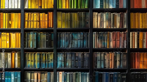 A beautiful library with books of all colors arranged in a rainbow pattern