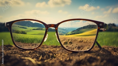 Closeup eyeglasses looking to the field landscape