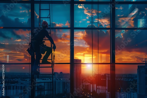 A window installers silhouette with a midrange view background featuring photorealistic images of window installation, glazing work, and building facades