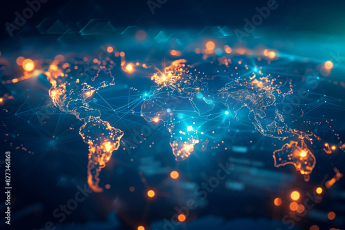 The glowing lines and dots on the world map in the photo symbolize the digital connections that span across the globe, creating a vibrant and interconnected network