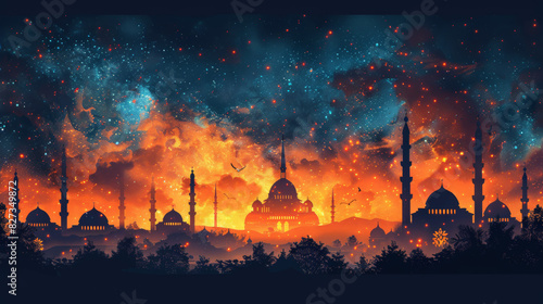 Illustration of an Islamic greeting card for Ramadan Kareem showing a mosque at night 
